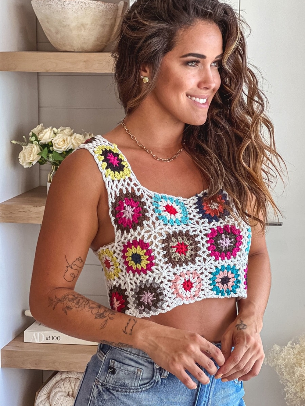 Boho Crochet Square Patchwork Crop Tank Top - White with Multicolor Accents